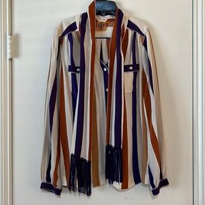 Tory Burch Striped Silk Blouse in Cream, Brown & Purple